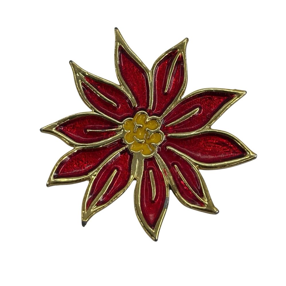 Beatrix Signed Vintage Christmas Poinsettia Brooch Red Enamel Gold Tone
